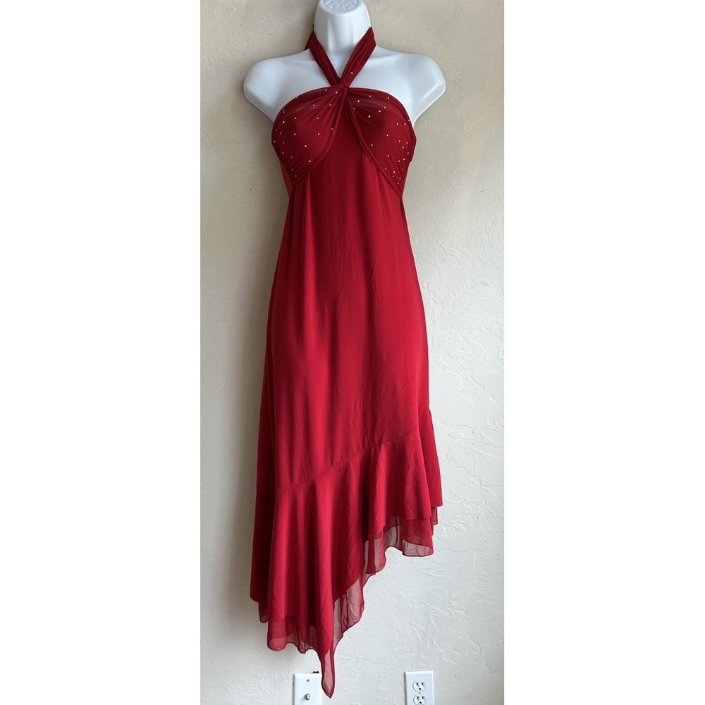 Vintage 90s Y2K Halter Asymmetrical Dress M Red Fairy Romantic Rhinestone Mesh